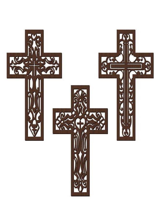 Bnesi 3 Pcs Wooden Cross Wall Art - Brown Carved Pattern Religious Crosses for Living Room, Church, Wedding, Office, Hospital - Image 1